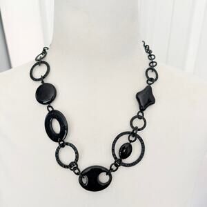 🍭6/$30 Jet Black Geometric Open Circle Retro Funky Necklace